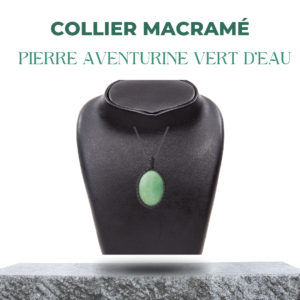 photo du collier macramé aventurine vert d'eau sur un buste noir